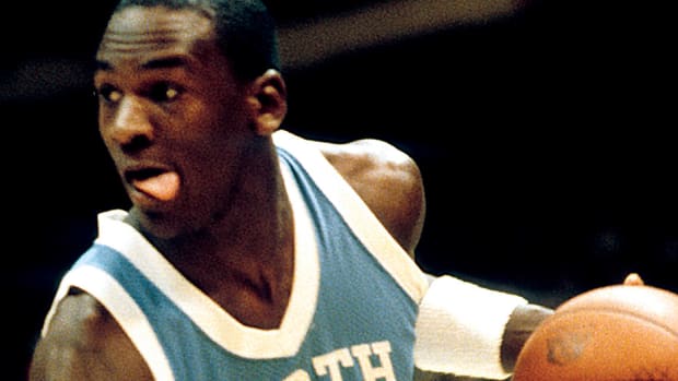 North Carolina Tar Heels guard Michael Jordan in action against Duke during the ACC tournament at Greensboro Coliseum. Charles Balentine hit the shot that previously allowed Arkansas to beat No. 1 North Carolina in Pine Bluff.